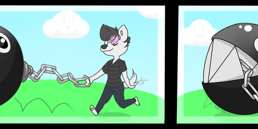 anthro black_nose body_in_mouth chain clothed clothing dialogue duo fur hair humor male open_mouth outside pawpads paws pink_pawpads sharp_teeth simple_background teeth text walking white_body white_fur backsash mario_bros nintendo sash_(backsash) animate_inanimate canid canine canis chain_chomp mammal wolf 2017 absurd_res comic digital_media_(artwork) english_text hi_res