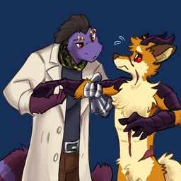 abdominal_scar anthro arm_scales belt belt_buckle black_body black_horn black_scales bottomwear brown_body brown_ears brown_fur brown_hair buckle camo camo_print cheek_scar cheek_tuft chest_fur claws clothed clothed_anthro clothed_female clothing coat countershading crotch_tuft curious cybernetic_arm cybernetic_limb cybernetics duo emanata eyebrow_piercing eyebrows facial_piercing facial_scar facial_tuft female fingers fluffy fluffy_chest fur gold_piercing hair holding_arm horn lab_coat machine male markings metal_arm nude nude_anthro nude_male observing orange_body orange_fur piercing purple_body purple_fur red_eyes ring_(marking) ringed_tail scales scar scarf scarred_body snout snout_scar striped_markings striped_tail stripes sweat_emanata tail tail_markings tan_body tan_countershading tan_fur topwear tuft unusual_anatomy worried worried_look akamaruburningred raemyshu third-party_edit mythology rvb_revolution akamaru_shirogane siria_ryder alien canid canine chimera chupadore dragon fox furred_dragon furred_scalie hybrid mammal mythological_creature mythological_scalie scalie 1:1 alpha_channel digital_media_(artwork) hi_res