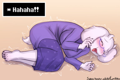 2_horns anthro big_breasts biped blush breasts claws clothed clothing drunk eyes_closed eyewear female floppy_ears glasses horn laugh lying lying_on_ground mature_anthro mature_female on_ground on_side open_mouth scut_tail short_tail solo substance_intoxication tail teeth text text_box toe_claws tongue tremble_spikes wearing_glasses white_body lumineko deltarune undertale_(series) toriel boss_monster_(undertale) bovid caprine goat mammal 2025 3:2 alternate_version_at_paywall english_text