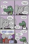 2017 2:3 alligator alligatorid angie_(study_partners) anthro base_three_layout clothed clothing comic crocodilian crowd dialogue elephant elephantid english_text fangs green_eyes grid_layout group hi_res mammal open_mouth proboscidean profanity ragdoll_(study_partners) regular_grid_layout reptile scalie silhouette six_frame_grid six_frame_image speech_bubble study_partners teeth text three_row_layout thunderouserections tongue trunk tusks young young_anthro