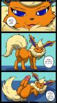 2014 absurd_res anus barely_visible_anus black_nose blue_eyes comic dialogue dirty_talk eeveelution english_text fan_character female feral flareon fur generation_1_pokemon genitals greeting hi_res kuroodod looking_at_viewer looking_back lying nintendo on_back open_mouth orange_body orange_fur oversexed_eeveelutions paws pokemon pokemon_(species) porn_dialogue presenting pride_(kuroodod) pussy solo speech_bubble standing tail text yellow_body yellow_fur