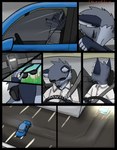 anthro black_border border canid canine car cellphone comic driving electronics eyes_closed eyewear fox fur grey_body grey_fur hi_res inside_car male mammal open_mouth outside phone smartphone solo starrffax starrffax_(fox_sona) sunglasses vehicle