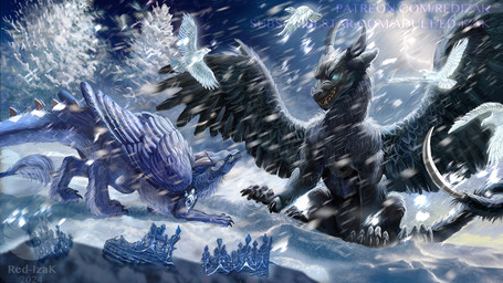 black_body black_feathers blue_body blue_feathers blue_fur broken_crown detailed_background duo feathered_wings feathers female female/female feral fur fur_markings growling judgement markings multicolored_body multicolored_fur realistic spiked_tail spikes spikes_(anatomy) submissive tail threatening two_tone_body two_tone_fur wings red-izak mythology zephy_(nightfire_zephyr) dragon furred_dragon furred_scalie mythological_creature mythological_scalie scalie detailed