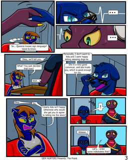 anthro blind cochlear_implant_processor countertop crossed_arms deaf dialogue disability female furniture sofa sunglasses_down text baristagamerproductions ada_(gem_hunters) alfonso_(gem_hunters) queenie_(gem_hunters) canid canine felid feline mammal reptile scalie snake 4:5 absurd_res comic english_text hi_res sign_language