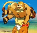 anthro armpit_hair barefoot beach big_muscles blue_sky body_hair bulge carrying_another clothed clothing detailed_background duo erection feet genitals kemono male muscular muscular_male outside penis sand seaside sky speedo swimwear toes topless water rossciaco kenta_shiba_(character) canid canine canis domestic_dog felid lion mammal pantherine shiba_inu spitz