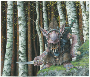 barefoot big_nose birch_tree bone bone_necklace clothing dagger feet forest hat headgear headwear holding_dagger holding_melee_weapon holding_object holding_weapon humanoid_pointy_ears jewelry looking_at_viewer male melee_weapon moss necklace not_furry outside plant pointy_ears solo tree weapon paul_bonner humanoid troll_(mythology) hi_res traditional_media_(artwork)