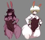 anthro big_butt bracelet breasts butt clothing dark_horn duo female femboy fur hair horn jewelry leotard male male/female muscular necklace purple_body purple_fur red_eyes small_breasts thick_thighs white_body white_fur white_hair yellow_eyes eldiipiid harry_gray_(eldiipiid) ivy_(eldiipiid) lagomorph leporid mammal rabbit hi_res