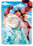 duo flexing powerful red_body red_skin sitting white_body white_skin nintendo pokemon pokemon_tcg arthropod buzzwole generation_7_pokemon insect pheromosa pokemon_(species) ultra_beast official_art watermark