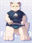 anthro blue_briefs blue_clothing blue_underwear briefs bulge clothing kemono male overweight overweight_male shirt solo text text_on_clothing text_on_shirt text_on_topwear topwear underwear young seamonsterping canid canine fox mammal 2022 absurd_res hi_res