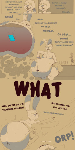 after_vore age_difference anthro asking asking_another belly_overhang black_text bodily_fluids bold_text burping burping_in_face digestion digestion_noises duo electronics female hand_on_own_belly male male/female male_pred nervous nervous_sweat onomatopoeia oral_vore phone saliva saliva_string sound_effects sweat talking_to_prey talking_to_self text vore yelling afraart ben-bun_(afraart) brittney_(afraart) lagomorph leporid mammal rabbit absurd_res hi_res daughter_(lore) father_(lore) father_and_child_(lore) father_and_daughter_(lore) parent_(lore) parent_and_child_(lore) parent_and_daughter_(lore)