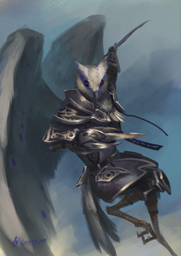 anthro armor fantasy fantasy_clothing fantasy_weapon feather_tuft feathered_wings feathers glowing glowing_body_parts glowing_eyes holding_object holding_weapon solo tail tail_feathers tuft weapon wings gaertan avian bird owl digital_drawing_(artwork) digital_media_(artwork) digital_painting_(artwork) hi_res painting_(artwork) shaded