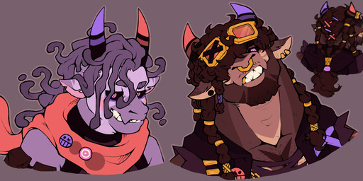 accessory anthro badge belt_pouch black_sclera body_hair braided_hair brown_hair chest_hair clothing curly_hair dreadlocks duo ear_piercing ear_ring ears_outwards eyebrows eyewear eyewear_on_head facial_piercing fangs goggles goggles_on_head gold_(metal) gold_tooth grey_background hair hair_accessory hairband horn jacket long_hair male nose_piercing nose_ring one_eye_obstructed piercing pink_eyes pivoted_ears purple_hair red_eyes red_scarf ring_piercing scarf simple_background teeth thick_eyebrows topwear lewderdaydreams mythology arsun_(lewderdaydreams) azir_(lewderdaydreams) bovid bovine cattle dragon hybrid mammal mythological_creature mythological_scalie scalie symbiote headshot_portrait hi_res portrait brother_(lore) brothers_(lore) sibling_(lore) twins_(lore)