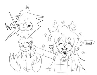 ambiguous_gender anthro antlers beak blush blush_lines bodily_fluids buckteeth duo eyes_closed eyewear flower_symbol freckled_face freckles glasses hair horn open_beak open_mouth simple_background speech_bubble strangling sweat teeth text tongue tongue_out vein overthink deltarune undertale_(series) berdly noelle_holiday avian bird cervine deer mammal 2025 digital_media_(artwork) english_text monochrome female_(lore) male_(lore)