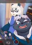 anthro belly black_body black_nose blue_eyes blush clothing controller duo eyewear game_controller glasses humanoid_hands kemono male one_eye_closed overweight overweight_male shirt topwear white_body wink tasty_cheeeeese vtuber kokuba_hoeguro sasayama_akira bear canid canine giant_panda mammal 2022 hi_res