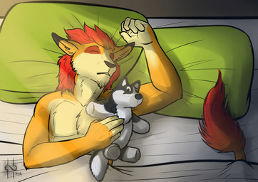anthro bed black_nose cheek_tuft chest_tuft chin_tuft dipstick_ears ear_markings eyes_closed facial_tuft front_view fur furniture hair holding_object holding_plushie lying male male_anthro markings multicolored_ears nude on_back on_bed pillow plushie red_hair short_hair sleeping slim_anthro slim_male solo tail tail_tuft tuft yellow_body yellow_fur hufnaar felid lion mammal pantherine 2014 dated