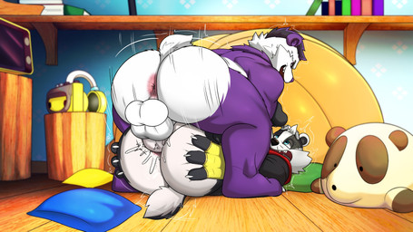 anal anthro anus anvil_position backsack balls black_body black_nose blue_eyes bodily_fluids detailed_background duo from_front_position genitals inside legs_up male male/male penetration plushie purple_body sex slightly_chubby sweat white_body seyrmo bradley_the_badger_(game) bradley_(bradley_the_badger) panfluff_(panfluff) badger bear canid canine giant_panda mammal mustelid musteline raccoon_dog tanuki 16:9 2025 hi_res widescreen