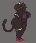 anthro big_breasts big_butt black_eyes breasts brown_body brown_hair butt clothing female footwear genitals grey_background hair high_heels huge_breasts nipples overweight purple_nipples pussy shoes simple_background solo tail thick_thighs sprigatitoartz domestic_cat felid feline felis mammal hi_res