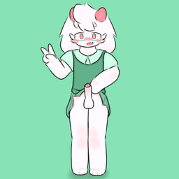 anthro blush bottomwear clothed clothing ears_down eyewear fur glasses green_clothing horn male male/male no_underwear pink_eyes pivoted_ears raised_bottomwear raised_clothing raised_skirt skirt smile solo standing uniform white_body white_fur yuyuawa deltarune undertale_(series) ralsei bovid caprine goat mammal 1:1