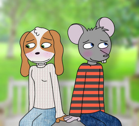 anthro avoiding_eye_contact awkward bench blue_eyes blurred_background blush bottomwear buckteeth clothing denim denim_bottomwear denim_clothing duo female freckles green_eyes hand_holding jeans long_sleeves love male male/female nervous nervous_smile outside pants park park_bench sitting sweater teeth topwear touching_hand purgatory753 demi_(purgatory753) rowan_(purgatory753) bird_dog canid canine canis cocker_spaniel domestic_dog hunting_dog mammal murid murine rat rodent spaniel