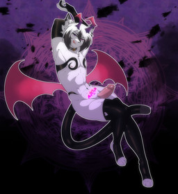 anthro biped dipstick_ears ear_markings erection fur genitals glans hair horn humanoid_genitalia humanoid_penis male markings multicolored_ears penis solo tail tongue tongue_out white_body white_fur white_hair womb_tattoo munkeesgomu ereki_kagami demon domestic_cat felid feline felis mammal hi_res