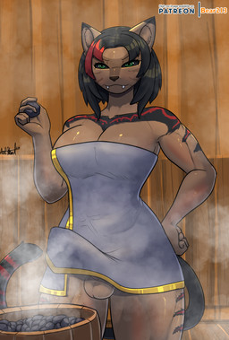 annoyed anthro aroused athletic athletic_anthro athletic_gynomorph athletic_intersex balls barely_contained barely_contained_penis barely_visible_balls barely_visible_genitalia bench big_breasts black_sclera breasts bulge cleavage clothed clothing detailed_bulge erection erection_under_clothing erection_under_towel eyelashes fangs fur fur_markings furrowed_brow genital_outline genitals gym gynomorph hair hand_on_hip intersex markings medium_hair mostly_nude multicolored_hair muscular muscular_gynomorph muscular_intersex penis_outline pointy_ears pose sauna solo standing steam striped_markings stripes teeth towel towel_only wood bear213 bdgym final_fantasy final_fantasy_xiv square_enix felid feline hrothgar mammal hi_res pinup portrait three-quarter_portrait