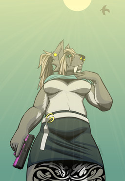 anthro barbell_piercing bedroom_eyes belly belt big_breasts bottomwear breasts circular_barbell_piercing clothing ear_piercing facial_piercing fangs female gold_(metal) gold_piercing green_eyes green_sclera gun hair handgun leg_tattoo light looking_at_viewer looking_down low-angle_view narrowed_eyes nose_piercing piercing pistol ponytail pouch_(anatomy) ranged_weapon sabertooth_(anatomy) seductive skirt smile solo sun sunlight tattoo teeth thick_thighs thigh_tattoo trigger_discipline under_boob weapon trichternet rhea_(trichternet) canid canine canis felid hybrid mammal prehistoric_species saber-toothed_tiger wolf absurd_res hi_res