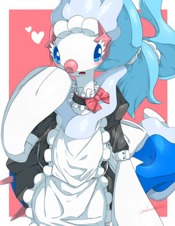 ambiguous_gender apron blue_eyes blue_hair blush border bow_tie clothed clothing dress eyelashes frilly frilly_apron frilly_clothing frilly_neckband frilly_neckwear front_view grey_clothing grey_dress hair heart_symbol long_hair looking_at_viewer maid_uniform neckband neckwear pink_background pink_bow_tie pink_nose round_nose simple_background solo split_form uniform white_apron white_border white_clothing white_eyelashes makotoo nintendo pokemon aquatic generation_7_pokemon merfolk pokemon_(species) primarina 2017