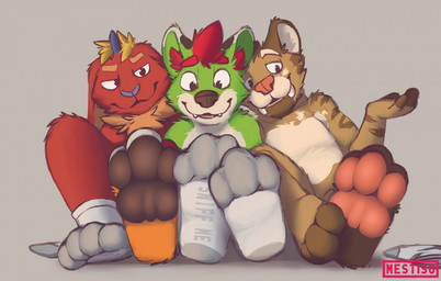 3_toes 4_toes anthro black_eyes blonde_hair brown_body brown_fur claws clothing fangs feet foot_fetish foot_focus footwear fur green_body green_fur grey_background group hair horn legwear long_ears male male/male multicolored_body multicolored_fur open_mouth orange_body orange_fur pawpads paws pink_pawpads red_body red_fur red_hair sabertooth_(anatomy) simple_background sitting smile socks soles tan_body tan_fur teeth toes trio tuft white_body white_clothing white_fur mestisoart cirez mestiso_(character) zelas_(cirez) canid canine canis felid fox lagomorph leporid mammal prehistoric_species rabbit saber-toothed_tiger wolf