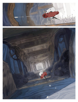 anthro biped black_body black_eyes carrying_another cloak clothing detailed_background duo empty_eyes female female_anthro female_humanoid holding_another hornet's_needle mouthless red_cloak red_clothing unconscious white_body darkdog hollow_knight:_silksong hollow_knight_(franchise) team_cherry hornet_(hollow_knight) lace_(hollow_knight:_silksong) arthropod humanoid 2025 absurd_res comic digital_drawing_(artwork) digital_media_(artwork) hi_res