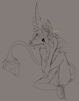 >_< anthro bone breasts chest_tuft claws clothing emaciated eyes_closed feet female hair inner_ear_fluff long_nails long_tail messy_fur messy_hair missing_ear oversized_clothing pawpads paws sagging_breasts scratching scratching_head sitting skinny skull solo tail text tuft heyimflame scp_foundation mal_(heyimflame) scp-1471-a canid canine mammal absurd_res hi_res