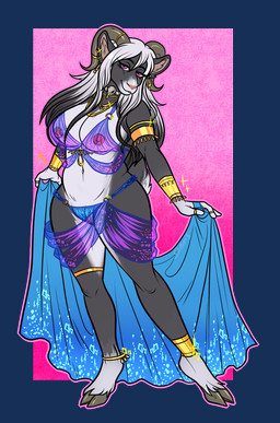 anklet anthro armband armlet armor big_breasts black_body black_fur black_hair bracelet breasts choker clothed clothed_anthro clothed_female clothing collar digit_ring ear_piercing ear_ring eyebrows eyelashes female female_anthro finger_ring fur gauntlets genitals gloves gloves_(marking) gold_(metal) gold_jewelry hair handwear harem harem_jewelry harem_outfit horn horn_jewelry horn_ring jewelry leg_markings leglet looking_at_viewer markings navel necklace nipples piercing purple_eyes ring ring_(jewelry) ring_piercing seductive shawl silk smile socks_(marking) solo translucent translucent_clothing vulva white_body white_fur white_hair szaris alterise bovid caprine hybrid mammal sheep-goat 2017 alpha_channel hi_res