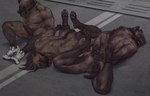 abs anthro anus arms_tied ball_gag balls bdsm bent_legs biceps black_eyes blue_eyes bodily_fluids bondage bound brown_body brown_fur brown_hair brown_penis butt clenched_teeth clothed clothing cuff_(restraint) dark_body dark_ears dark_face dark_fur darkened_balls darkened_genitalia darkened_penis drooling erection fingers footwear fur gag gagging genitals glans grey_eyes group hair handcuffed handcuffs hogtied humanoid_genitalia humanoid_penis legs_tied long_hair looking_at_viewer lying male markings metal_cuffs multicolored_body multicolored_fur muscular muscular_anthro muscular_male nipples nude on_front open_mouth pawpads paws pecs penis plantigrade restraints saliva saliva_on_chin saliva_string shoes short_hair sitting sneakers sneakers_only spots spotted_body spotted_fur spotted_markings spread_legs spreading tail teeth trio whiskers epic_soul hyena mammal spotted_hyena digital_media_(artwork) hi_res