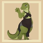 4_toes anthro barefoot border claws clothed clothing countershade_feet countershading digitigrade feet female green_body purple_eyes simple_background smile solo spread_toes tail tan_background toes yellow_border louart alligator alligatorid crocodilian reptile scalie 1:1 2021 absurd_res hi_res