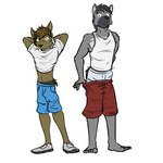 anthro barefoot bottomwear bottomwear_down clothed clothing clothing_lift duo feet looking_at_viewer male midriff pants pants_down partially_clothed shirt shirt_lift shorts simple_background t-shirt tank_top topwear underwear undressing white_background fuze luis_(fuze) warren_(fuze) canid canine mammal 1:1 hi_res sketch