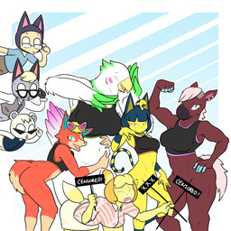 anthro athletic athletic_anthro athletic_female beak bent_over big_butt blush bodily_fluids bottomless bottomless_female breast_size_difference breast_squish breasts brown_body brown_fur butt censor_bar clothed clothed_male clothing color_coded convenient_censorship covering covering_another covering_crotch covering_self ear_piercing embarrassed eyewear feathers female flexing fur glasses green_body green_feathers grey_body grey_fur group hug hugging_another larger_female leaning leaning_forward looking_at_another male medium_breasts muscular muscular_female navel non-mammal_breasts open_beak open_mouth orange_body orange_fur partially_clothed piercing pink_body pink_feathers shy simple_background size_difference small_waist smaller_female smaller_male smile smiling_at_viewer squish sweat sweatdrop tail tail_feathers thick_thighs tight_clothing white_body white_feathers workout_clothing yellow_body yellow_fur bran-draws-things animal_crossing nintendo varying_degrees_of_want ankha_(animal_crossing) audie_(animal_crossing) celia_(animal_crossing) isabelle_(animal_crossing) marshal_(animal_crossing) raymond_(animal_crossing) reneigh_(animal_crossing) villager_(animal_crossing) accipitrid accipitriform avian bird canid canine canis domestic_cat domestic_dog eagle equid equine felid feline felis fox horse human mammal rodent sciurid tree_squirrel 1:1 2020 digital_drawing_(artwork) digital_media_(artwork) hi_res portrait three-quarter_portrait