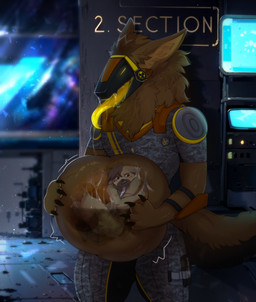 anthro anthro_pred bangs belly big_belly black_claws bodily_fluids brown_hair brown_markings claws clothed clothed_anthro clothed_prey clothing duo fur hair hand_on_belly hand_on_own_belly inside inside_stomach larger_pred machine male male_pred markings motion_lines open_mouth orange_body orange_fur saliva saliva_on_tongue saliva_string short_hair size_difference smaller_anthro smaller_male tail text tongue tongue_out vore yellow_tongue kysokofwater canid canine mammal protogen 2024 english_text hi_res