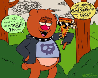 anthro black_clothing black_jacket black_text black_topwear bottomless brown_body brown_skin claws clothed clothing collar dialogue duo ear_piercing eye_contact eyelashes eyewear featureless_crotch fingers food gesture green_speech_bubble grey_clothing grey_shirt grey_sky grey_topwear hand_gesture heart_symbol interspecies interspecies_romance jacket long_eyelashes looking_at_another male male/male no_genitals on_model open_mouth piercing pink_tongue plant pointing pointing_at_self red_nose sharp_teeth shirt shrub sky speech_bubble spiked_collar spikes sunglasses teeth text tongue topwear tree wearing_collar yellow_speech_bubble smileyjuiice cartoon_network uncle_grandpa beary_nice pizza_steve bear food_creature living_pizza mammal 2021 5:4 better_version_at_source clip_studio_paint_(artwork) digital_drawing_(artwork) digital_media_(artwork) english_description english_text signature