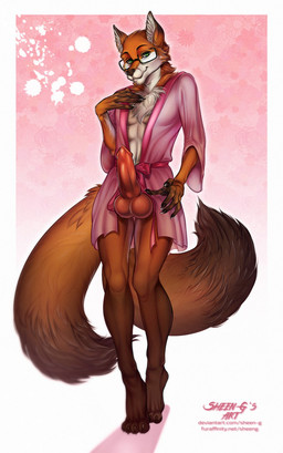 2_tails animal_genitalia animal_penis balls bathrobe big_balls brown_body brown_fur canine_genitalia canine_penis chest_tuft clothing eyewear fur genitals glasses green_eyes male multi_tail nude penis robe simple_background solo tail tuft wearing_glasses sheen-g nathaniel_nightingale canid canine fox mammal hi_res