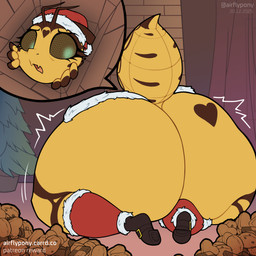 anthro christmas_clothing christmas_headwear christmas_tree clothing cookie female food hat headgear headwear holidays interior_background looking_back open_mouth plant santa_hat solo tree airfly-pony christmas hasbro my_little_pony bee_berry fan_character 1:1 2025 digital_media_(artwork) hi_res