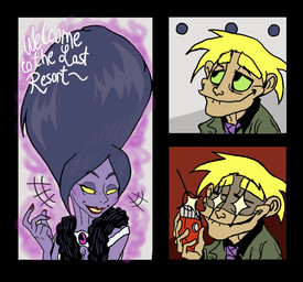 blonde_hair hair hair_clipper purple_hair monkeycheese zikadraws cartoon_network courage_the_cowardly_dog luigi's_mansion mario_bros nintendo freaky_fred hellen_gravely ghost humanoid spirit comic crossover hi_res