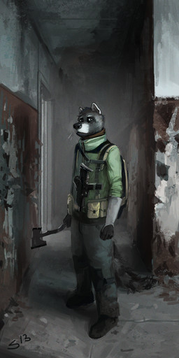 axe building clothed clothing detailed_background gun inside looking_at_viewer male melee_weapon post-apocalyptic ranged_weapon rubble ruins solo weapon civetstranj nos_(strange-fox) civet mammal viverrid hi_res signature