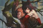 clothed clothing duo eyes_closed female hair male outside yellow_eyes le_trong_dao league_of_legends riot_games tencent ahri_(lol) wukong_(lol) animal_humanoid canid canid_humanoid canine canine_humanoid fox_humanoid humanoid mammal mammal_humanoid primate primate_humanoid