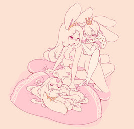 anthro areola big_penis blush breasts collaborative collaborative_pussyjob collaborative_sex crown eyes_closed female femboy genitals group headgear lying male male/female nipples nude on_back one_eye_closed open_mouth penis pillow prince princess pussyjob royalty sex simple_background trio vulva miu lagomorph leporid mammal rabbit 2022