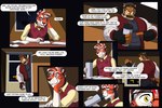 3:2 anthro cheetah clothing comic dialogue dream_and_nightmare drinking duo english_text eyewear felid feline fur glasses hi_res jacket jake_(adyrtityger) letterman_jacket male male/male mammal multicolored_body multicolored_fur muscular nerd night_(dream_and_nightmare) pantherine paper text tiger topwear