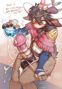 animal_genitalia animal_penis anthro armor balls big_penis black_hair blush blush_lines bodily_fluids brown_body brown_fur clothing cum cum_spurt curved_horn equine_genitalia equine_penis erection fingers fur genital_fluids genitals hair hat headgear headwear hooved_fingers hooves horn huge_penis male male_anthro medial_ring pauldron penis potion potion_bottle solo text thick_thighs thought_bubble throbbing throbbing_penis transformed_cock yellow_eyes swaybat bovid caprine goat mammal 2025 english_text hi_res