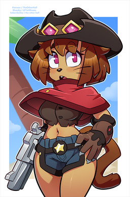 anthro biped black_nose blue_bottomwear blue_clothing blue_shorts bluesky_handle bottomwear breasts brown_body brown_clothing brown_eyebrows brown_gloves brown_hair brown_handwear brown_tail clothed clothing cloud cowboy_hat eyebrows eyelashes eyewear female fingers gloves goggles goggles_on_headwear gun gun_arm hair handwear hat headgear headwear holding_object holding_weapon looking_at_viewer navel open_mouth patreon_username pupils ranged_weapon shorts solo square_pupils tail text twitter_handle weapon weapon_arm wearing_hat whiskers the_other_half gameoverse glitch_productions kit_bodega domestic_cat felid feline felis mammal 2026 artist_name hi_res