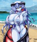 big_breasts bikini black_sclera blue_body blue_hair blue_skin breasts clothing curvy_figure ear_piercing female hair heart_symbol horn huge_breasts humanoid_pointy_ears long_hair membrane_(anatomy) membranous_wings nipples not_furry one-piece_swimsuit piercing pointy_ears sling_bikini solo swimwear two-piece_swimsuit voluptuous wide_hips wings yellow_eyes nico_oyabin shinrabanshou astaroth demon hi_res