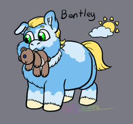 ambiguous_gender blonde_eyebrows blonde_hair blue_body blue_fur cloud eyebrows feral fur green_eyes grey_background hair hooves mouth_hold plushie quadruped simple_background solo standing sun tail teddy_bear teeth text white_hooves yellow_tail fluffychimera fluffy_pony fluffy_pony_(species) mammal 2026 artist_name character_name digital_media_(artwork) english_description flat_colors