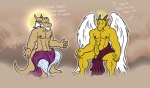 abs angel angel_dragon angelic anthro balls beard bgn biceps bottomwear clothed clothing digital_media_(artwork) dragon duo empty_eyes erection facial_hair feathered_wings feathers genitals hair halo heaven holy horn humanoid_genitalia humanoid_penis humor loincloth male male/male muscular mythological_creature mythological_scalie mythology nipples nude pecs penis presenting pubes robe scales scalie smile smirk tail topless unimpressed white_hair wings yellow_balls yellow_penis