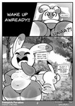 absurd_res ambiguous_gender ambiguous_pov anthro border carmella_(softestpuffss) comic dialogue duo english_text female female_(lore) female_pov first_person_view generation_1_pokemon generation_3_pokemon grey_border greyscale hi_res male monochrome moobs nintendo nude open_mouth pikachu pokemon pokemon_(species) pokemon_mystery_dungeon slightly_chubby slightly_chubby_anthro slightly_chubby_male softestpuffss speech_bubble spike_chunsoft spinda spinda_(softestpuffss) spiral_eyes text thick_thighs wide_hips